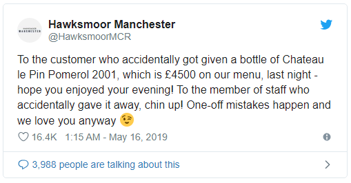 Tweet from Hawkesmoor congratulations to customer